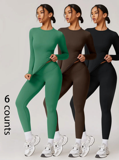 Women's Two-Piece Patchwork High Elastic Yoga Suit with Long Sleeve Top and Slim Fit Pants for Outdoor Activities and Workouts