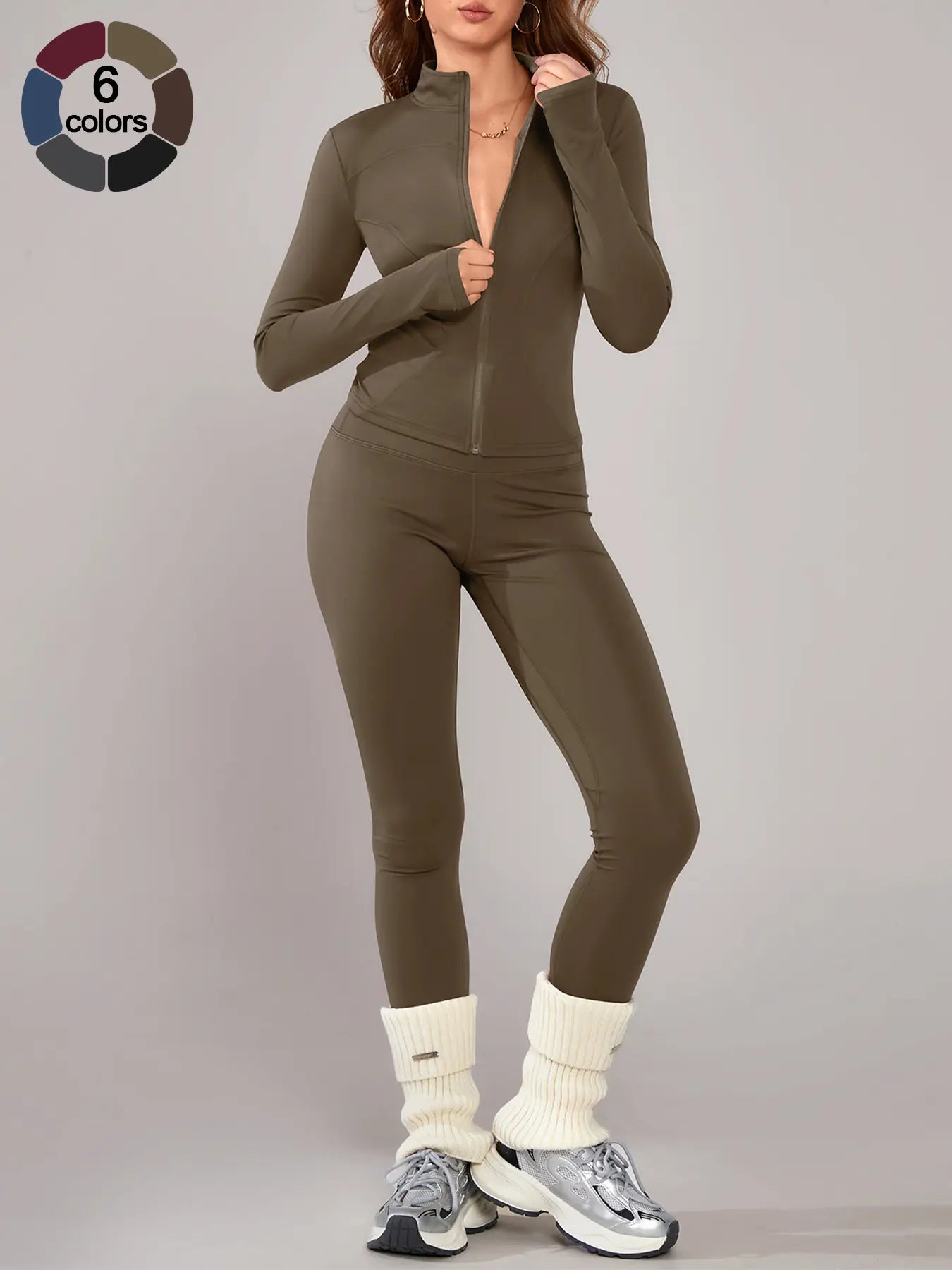 Women's Athletic Two-Piece Set: Long Sleeve Jacket and Fitted Pants, Breathable Activewear for Yoga and Outdoor Activities, Fall/Winter Sportswear Ensemble