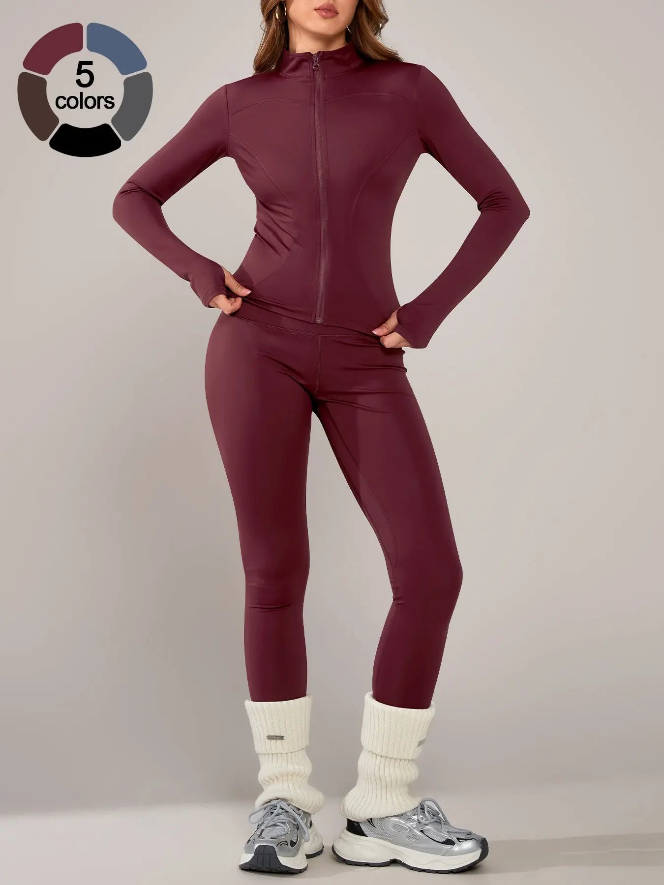 Women's Athletic Two-Piece Set: Long Sleeve Jacket and Fitted Pants, Breathable Activewear for Yoga and Outdoor Activities, Fall/Winter Sportswear Ensemble