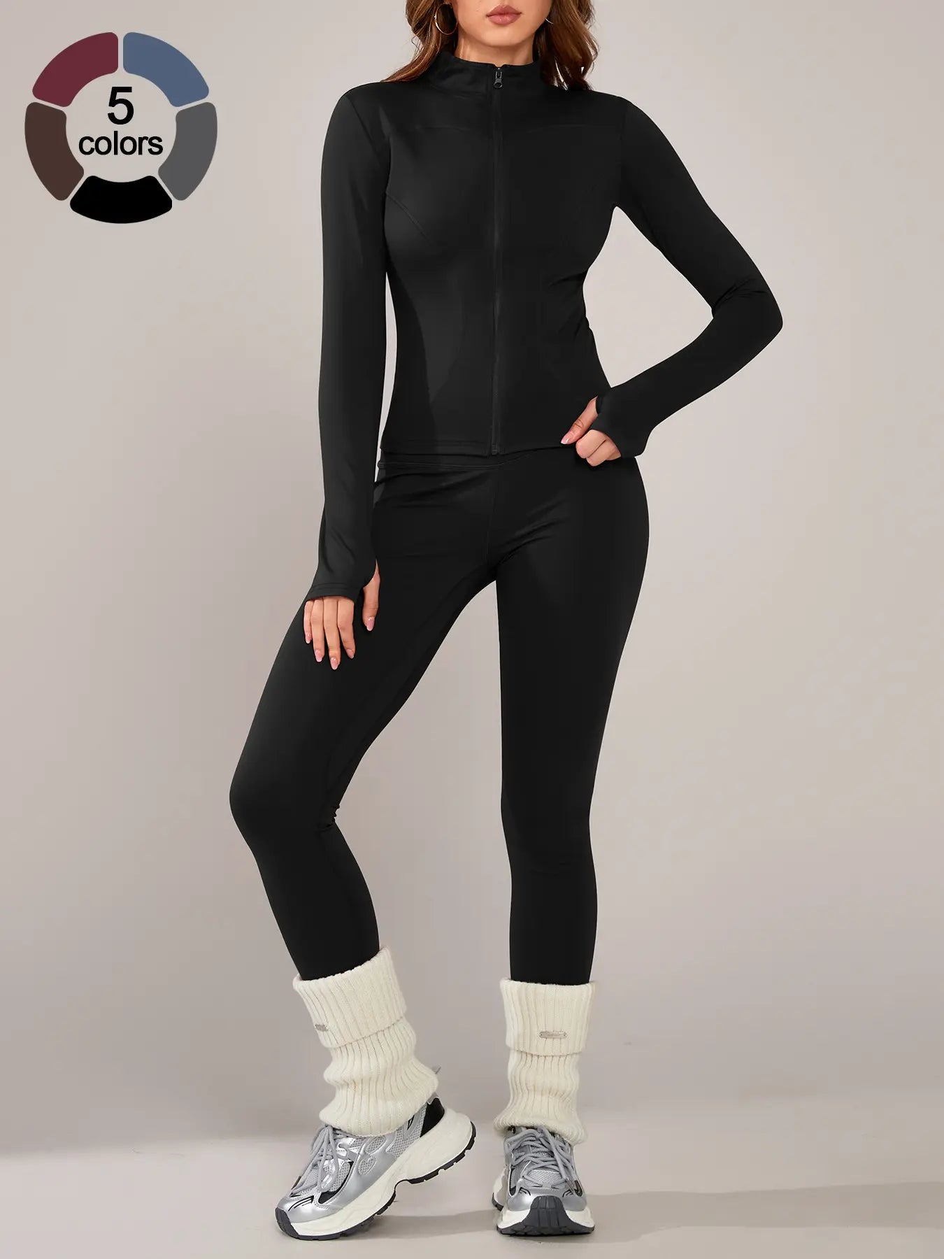 Women's Athletic Two-Piece Set: Long Sleeve Jacket and Fitted Pants, Breathable Activewear for Yoga and Outdoor Activities, Fall/Winter Sportswear Ensemble
