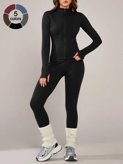 Women's Athletic Two-Piece Set: Long Sleeve Jacket and Fitted Pants, Breathable Activewear for Yoga and Outdoor Activities, Fall/Winter Sportswear Ensemble