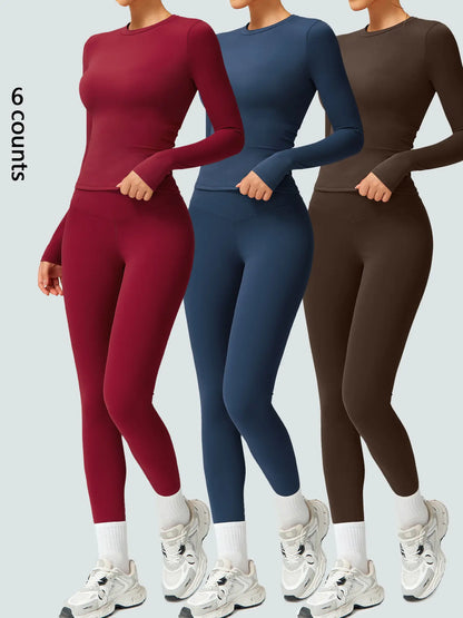 Women's Two-Piece Patchwork High Elastic Yoga Suit with Long Sleeve Top and Slim Fit Pants for Outdoor Activities and Workouts