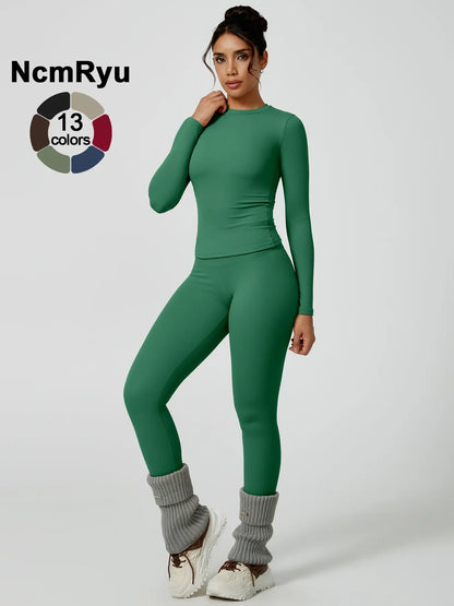 Women's Two-Piece Patchwork High Elastic Yoga Suit with Long Sleeve Top and Slim Fit Pants for Outdoor Activities and Workouts