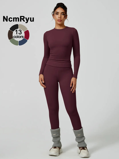 Women's Two-Piece Patchwork High Elastic Yoga Suit with Long Sleeve Top and Slim Fit Pants for Outdoor Activities and Workouts