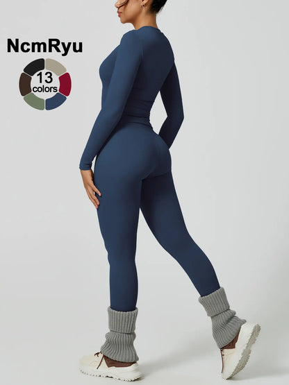 Women's Two-Piece Patchwork High Elastic Yoga Suit with Long Sleeve Top and Slim Fit Pants for Outdoor Activities and Workouts