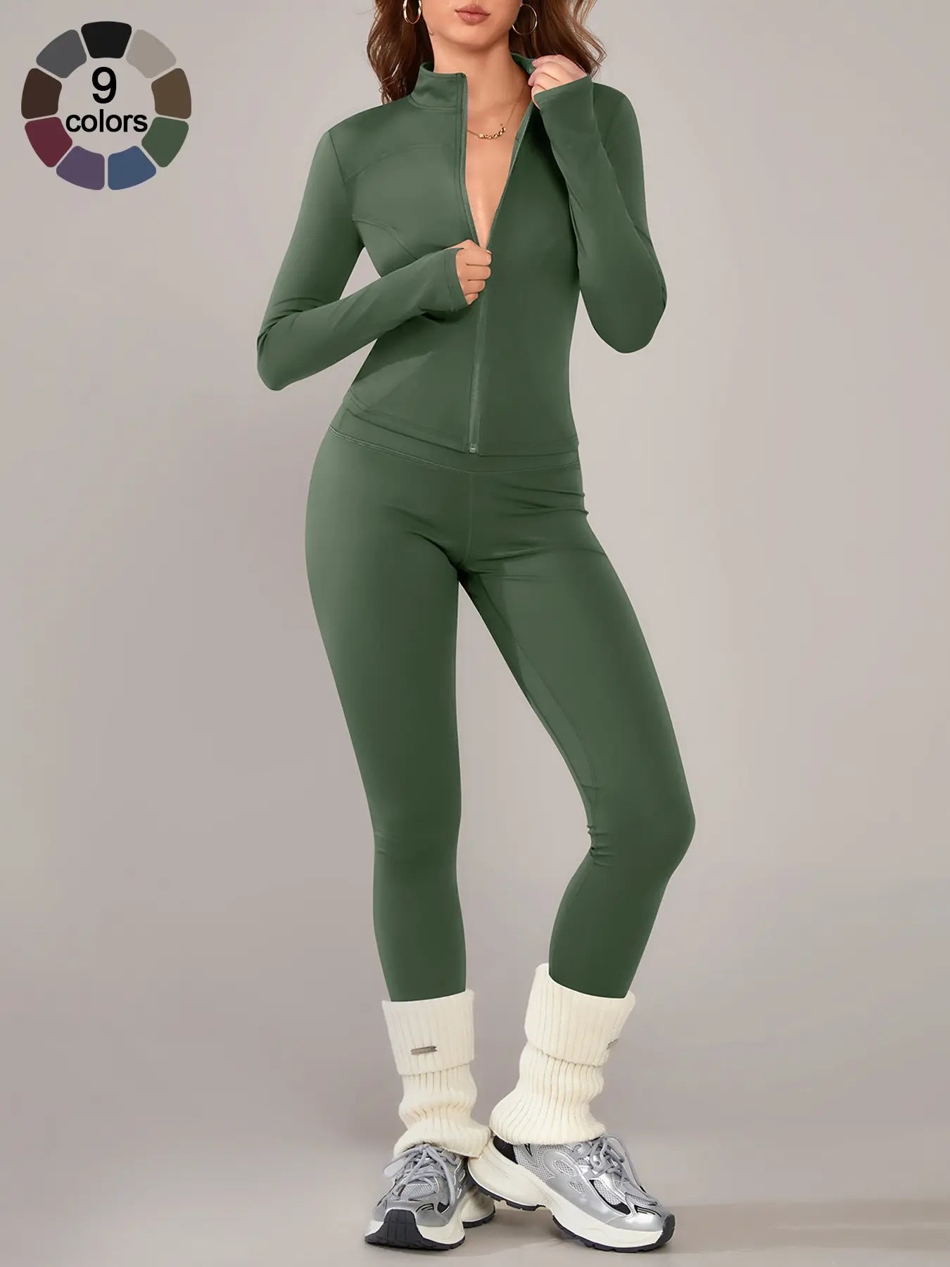 Women's Athletic Two-Piece Set: Long Sleeve Jacket and Fitted Pants, Breathable Activewear for Yoga and Outdoor Activities, Fall/Winter Sportswear Ensemble