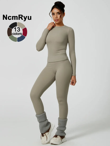 Women's Two-Piece Patchwork High Elastic Yoga Suit with Long Sleeve Top and Slim Fit Pants for Outdoor Activities and Workouts
