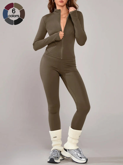 Women's Athletic Two-Piece Set: Long Sleeve Jacket and Fitted Pants, Breathable Activewear for Yoga and Outdoor Activities, Fall/Winter Sportswear Ensemble