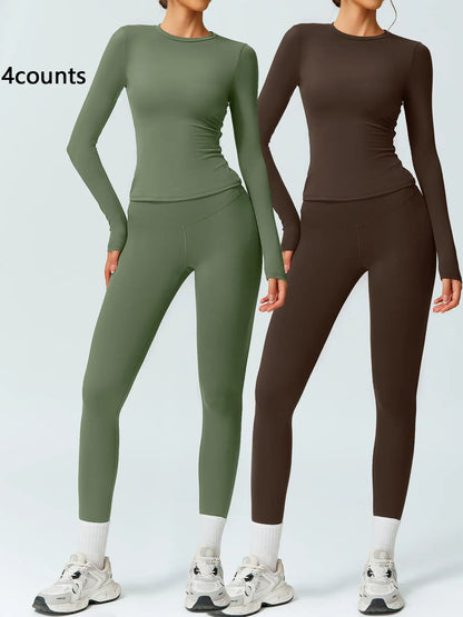 Women's Two-Piece Patchwork High Elastic Yoga Suit with Long Sleeve Top and Slim Fit Pants for Outdoor Activities and Workouts
