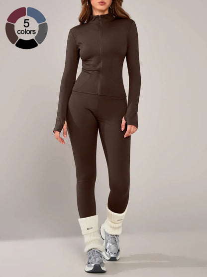 Women's Athletic Two-Piece Set: Long Sleeve Jacket and Fitted Pants, Breathable Activewear for Yoga and Outdoor Activities, Fall/Winter Sportswear Ensemble