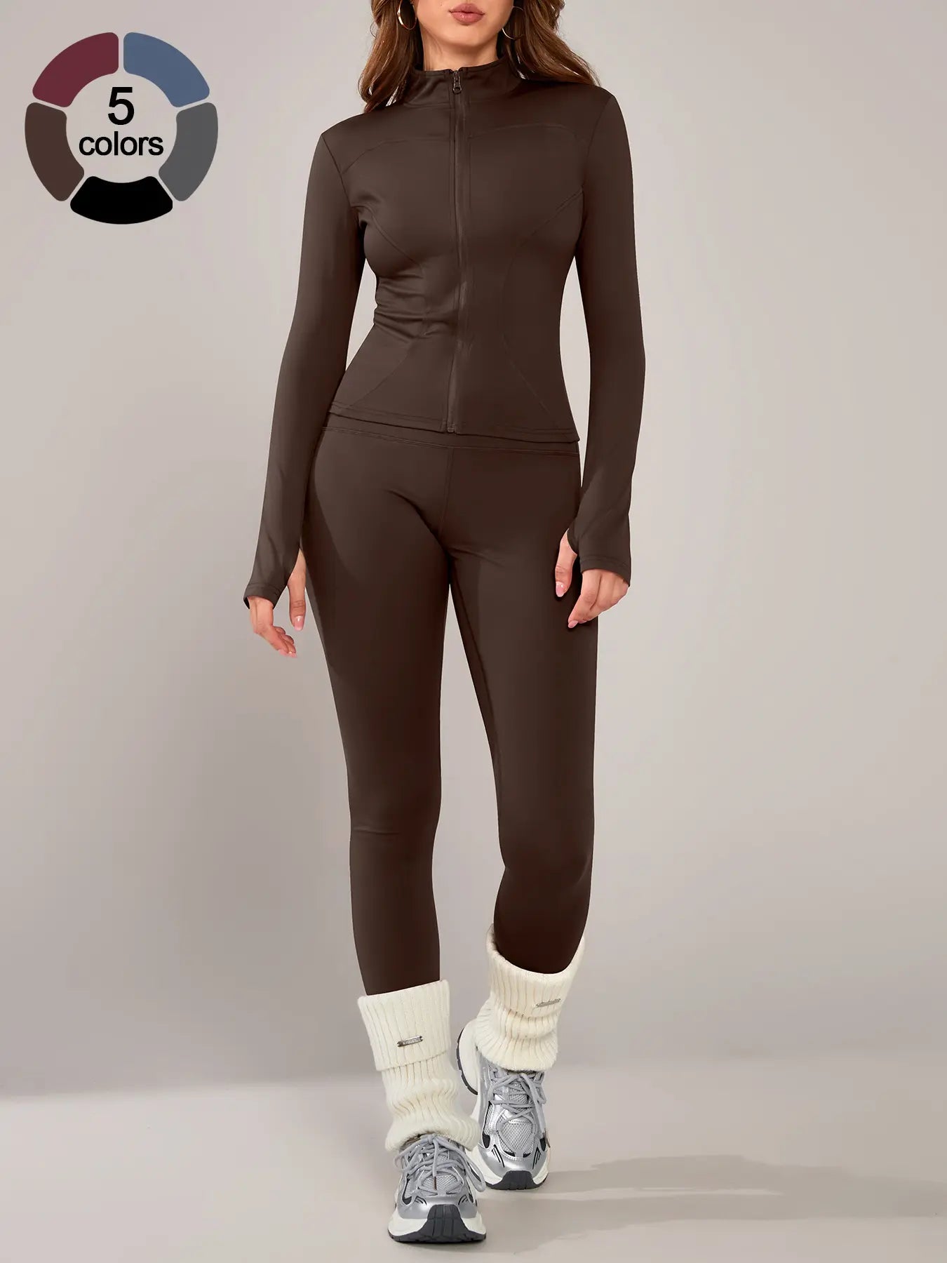 Women's Athletic Two-Piece Set: Long Sleeve Jacket and Fitted Pants, Breathable Activewear for Yoga and Outdoor Activities, Fall/Winter Sportswear Ensemble