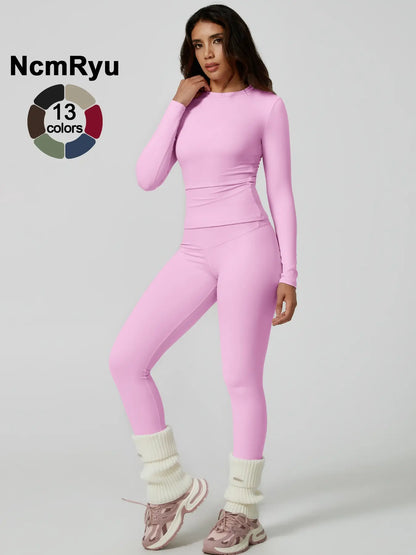 Women's Two-Piece Patchwork High Elastic Yoga Suit with Long Sleeve Top and Slim Fit Pants for Outdoor Activities and Workouts