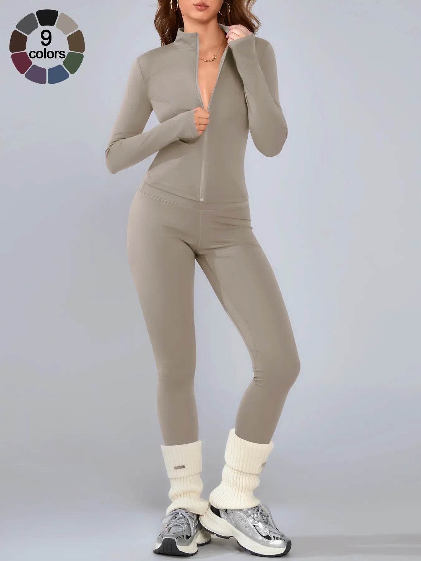 Women's Athletic Two-Piece Set: Long Sleeve Jacket and Fitted Pants, Breathable Activewear for Yoga and Outdoor Activities, Fall/Winter Sportswear Ensemble