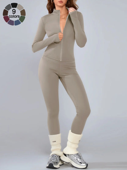 Women's Athletic Two-Piece Set: Long Sleeve Jacket and Fitted Pants, Breathable Activewear for Yoga and Outdoor Activities, Fall/Winter Sportswear Ensemble