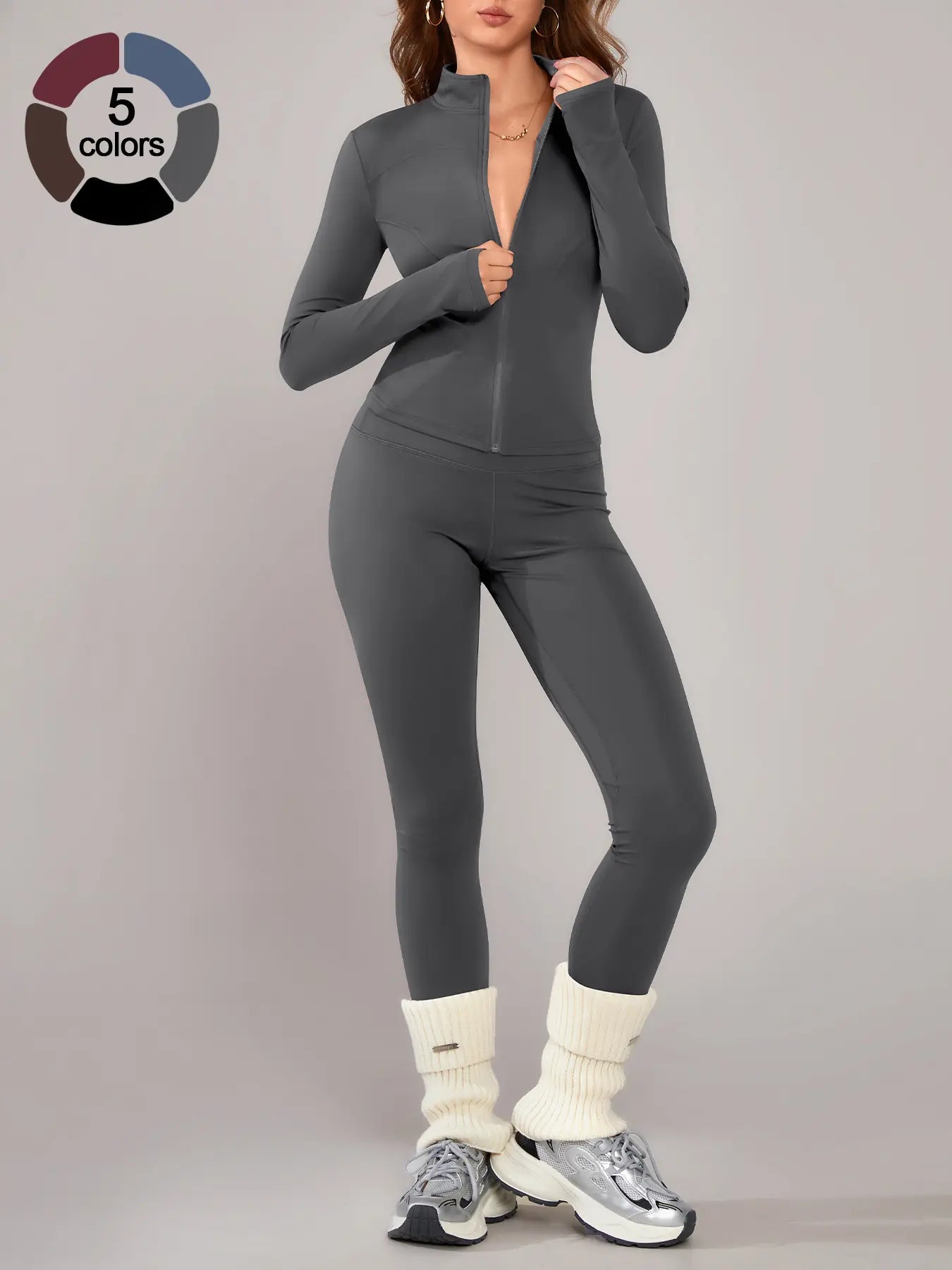 Women's Athletic Two-Piece Set: Long Sleeve Jacket and Fitted Pants, Breathable Activewear for Yoga and Outdoor Activities, Fall/Winter Sportswear Ensemble