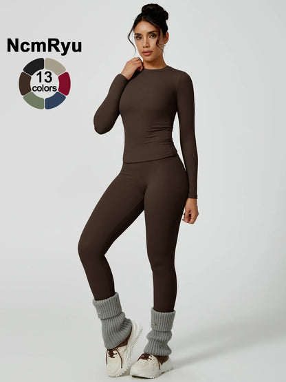 Women's Two-Piece Patchwork High Elastic Yoga Suit with Long Sleeve Top and Slim Fit Pants for Outdoor Activities and Workouts