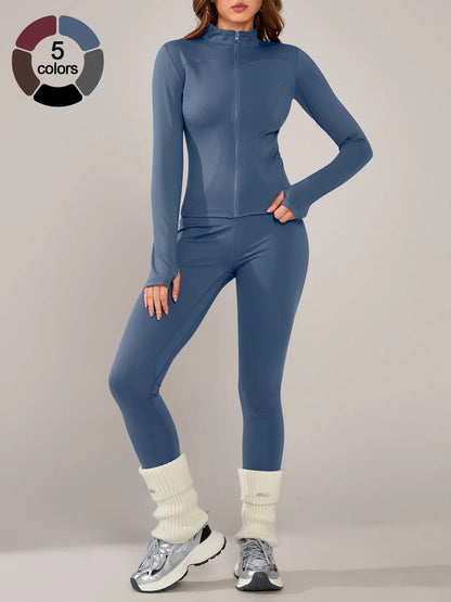Women's Athletic Two-Piece Set: Long Sleeve Jacket and Fitted Pants, Breathable Activewear for Yoga and Outdoor Activities, Fall/Winter Sportswear Ensemble